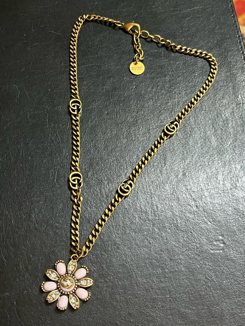 Double G Designer Pink Rhinestone Floral Letter Logo Necklace
